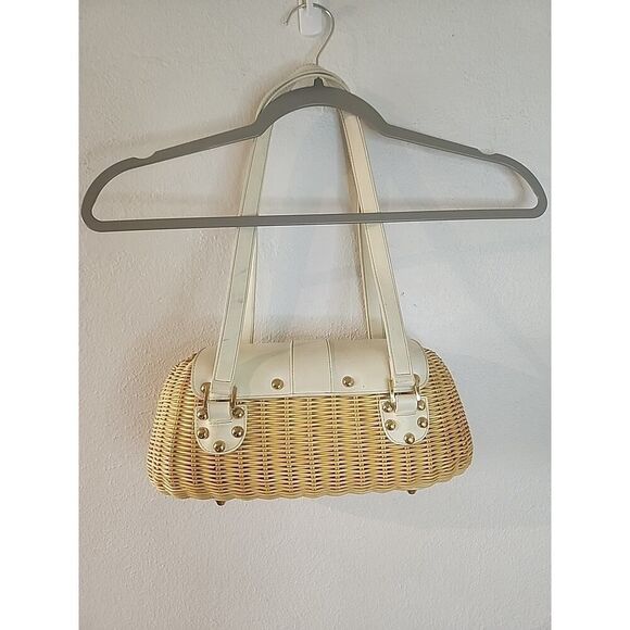 ETIENNE AIGNER Woven Wicker Basket Oblong Purse Handbag Leather Handles Straw - Picture 6 of 10